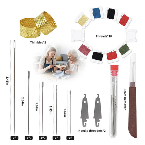 41 Piece Big Eye Stainless Steel Hand Sewing Needle Kit with Two Needle Threaders, 25 Big Eye Needles, 10 Threads, Seam Ripper