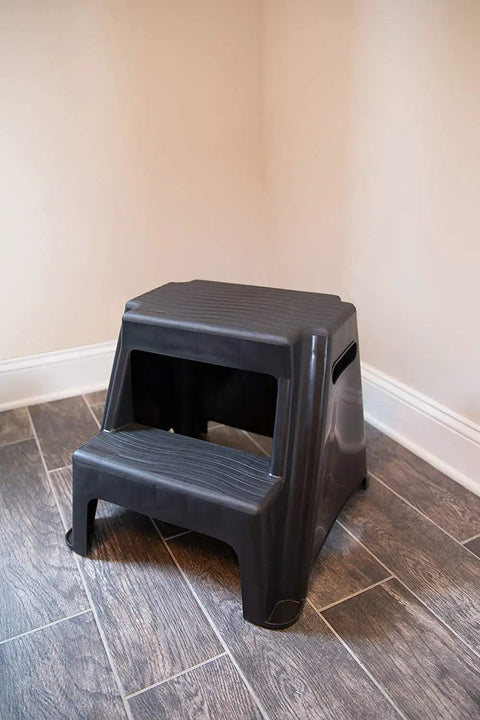 2 Step Molded Plastic Step Stool Lightweight With Slip Resistant Treads And Non Slip Feet Ideal For Kitchen Bathroom Office Or Garage Easy Carry With Cutout Handles Compact And Durable Amazon Exclusive on tiled floor