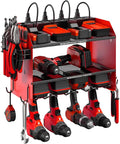 Heavy Duty Wall Mount Power Tool Organizer With Three Shelves And Cordless Drill Storage Metal Tool Rack For Garage Holds Batteries Hand Tools And Even A Charging Station