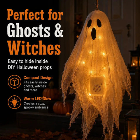 Sound Activated Halloween Fright Box With Three Glowing Led Lights And Scream Module To Trick Out Your Spooky Pumps And Yard Props Into Legit Nightmares That Really Hits Different At Any Party, featuring a ghost display with LEDs.