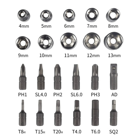 27 In 1 Mini Ratchet Wrench Set With Screwdriver Bits And Socket Wrench For Daily Home Repairs And Bike Maintenance, socket and bit sizes