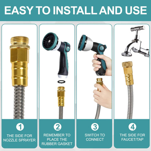 Installation steps for Stainless Steel Garden Hose 100ft With Ten-Mode Spray Nozzle No-Kink Lightweight Puncture-Resistant