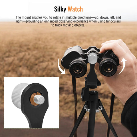 Binocular Tripod Mount With Quick Release Universal L Type Aluminum Mount in use, showing multi-direction adjustments outdoors.