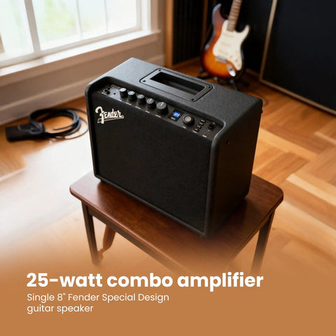 Mustang LT25 Guitar Combo Amp Bundle With Cable And Austin Bazaar Exclusive 12 Pack Picks on a wooden table