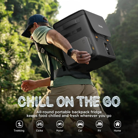 Top Tier Game Changer 12 Volt Portable Freezer And Compressor Cooler With Dual U20 Batteries For Rigs And Road Trips Delivers Sick Chilling Power Straight Up On The Go, carried by hiker in outdoor setting.
