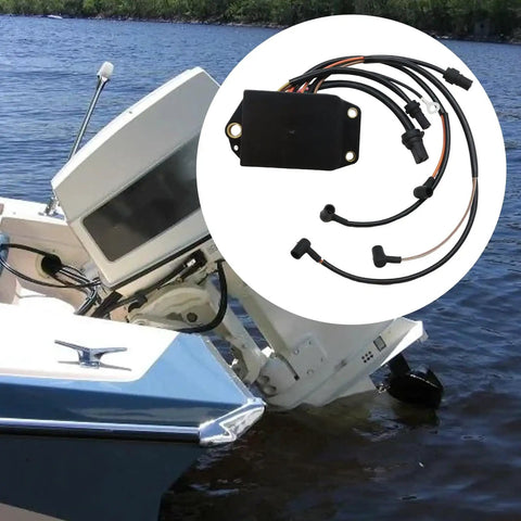 Plug And Play CDI Power Pack Replacement For Johnson Evinrude Outboards With Trim Or Without, shown next to boat motor.