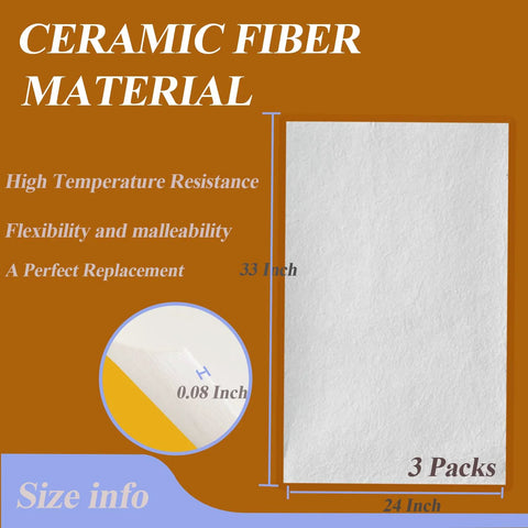 Ceramic fiber paper sheet for kiln insulation, front view, 24 x 33 in, 0.08 in thick, white, 3 packs