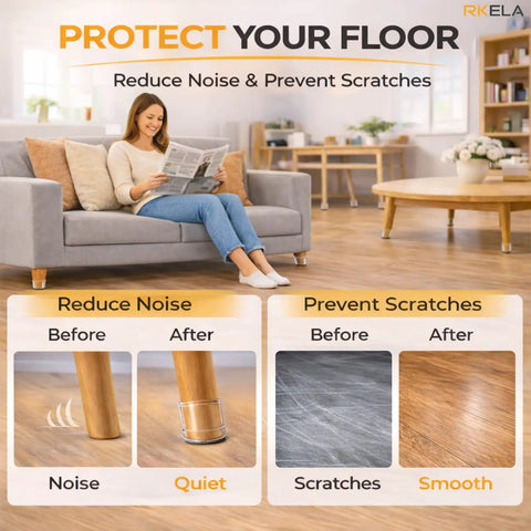 Comparison of floor with and without 48 Pack Silicone Chair Leg Caps With Felt Pads For Hardwood And Tile Floors Anti Scratch Shield.