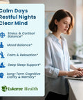 Woman using laptop beside infographic with stress, mood, relaxation, sleep support text, and Lukaree Health logo.