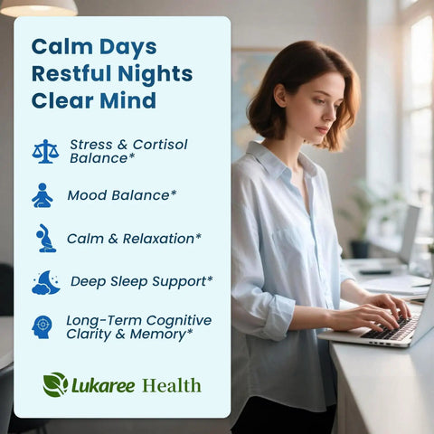 Woman using laptop beside infographic with stress, mood, relaxation, sleep support text, and Lukaree Health logo.