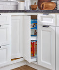 Smooth Spinning Two Tier Pie Cut Plastic Lazy Susan For Corner Base Cabinets 28 Inch Wide Polymer Rotation Shelf in white cabinet.