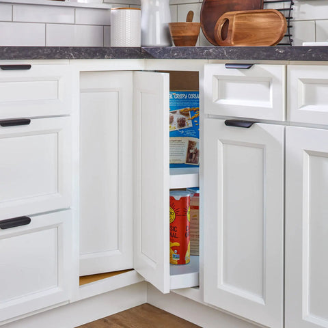 Smooth Spinning Two Tier Pie Cut Plastic Lazy Susan For Corner Base Cabinets 28 Inch Wide Polymer Rotation Shelf in white cabinet.