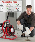 Man using Electric Drain Auger With 30 Meter Steel Cable Drain Snake 250W Motor on a pipe for blockage removal.