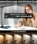 Woman using LED Desk Lamp With Wireless Charger And USB Port, Touch Control Table Lamp With Clock Date Temperature Alarm And LCD Display, Black Office Light For Home Office And Study.