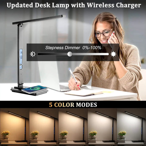 Woman using LED Desk Lamp With Wireless Charger And USB Port, Touch Control Table Lamp With Clock Date Temperature Alarm And LCD Display, Black Office Light For Home Office And Study.