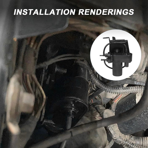RADHLBNIU electric vacuum pump in engine bay; black plastic housing with wiring harness, inset shows the pump diagram.