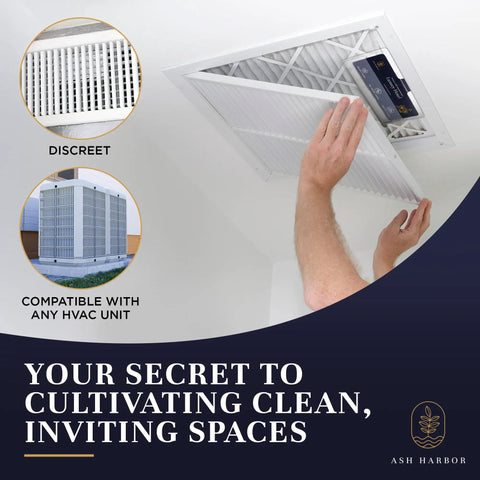 Luxury Hotel Scent Whole Home Air Freshener System installation in HVAC filter for odor elimination, close-up view