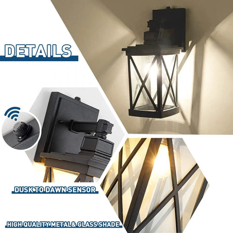 Two Pack Dusk To Dawn Outdoor Wall Lanterns With Photocell Sensor, Modern Exterior Wall Lights with black aluminum finish and glass