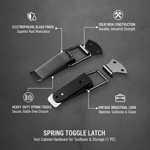 Heavy Duty Spring Toggle Latch For Toolboxes And Storage Cases Solid Iron With Electro Plating, showing black finish and sturdy design
