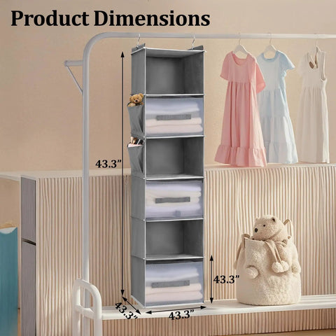 Six Shelf Hanging Closet Organizer With Three Drawers And Side Pockets In Gray for shirts, jeans, sweaters in a closet