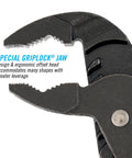 Close-up of GripLock Tongue And Groove Pliers Set special jaw, featuring ergonomic offset head, forged high carbon steel.