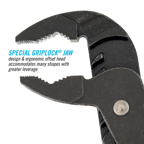 Close-up of GripLock Tongue And Groove Pliers Set special jaw, featuring ergonomic offset head, forged high carbon steel.
