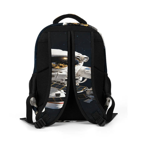 Back view of Space Satellite Print Unisex Backpack with Large Capacity Durable Polyester Build featuring astronaut design.