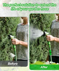 Stop Ditching Your Garden Hose And Get This Expandable Repair Kit With Dual-Channel Hose Connectors For A Watertight Seal That Keeps Pressure High As New Without Leaks Or Annoying Messes On The Lawn. Before-and-after garden hose repair kit with green ABS connector and metal clamps
