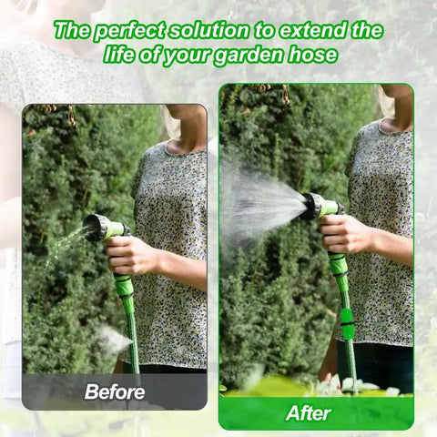 Stop Ditching Your Garden Hose And Get This Expandable Repair Kit With Dual-Channel Hose Connectors For A Watertight Seal That Keeps Pressure High As New Without Leaks Or Annoying Messes On The Lawn. Before-and-after garden hose repair kit with green ABS connector and metal clamps