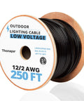 Beefy 12/2 Low Voltage Landscape Wire, 250 Ft Black Outdoor Cable spool with label showing specifications.