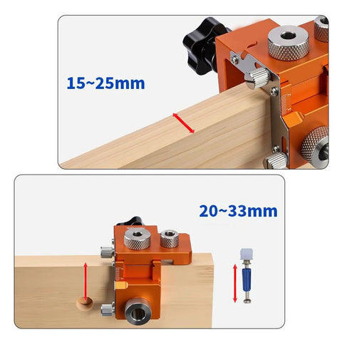 3 In 1 Wood Joinery Drill Jig Set Adjustable Hole Locator Puncher showing 15-25mm and 20-33mm settings for precise furniture assembly.