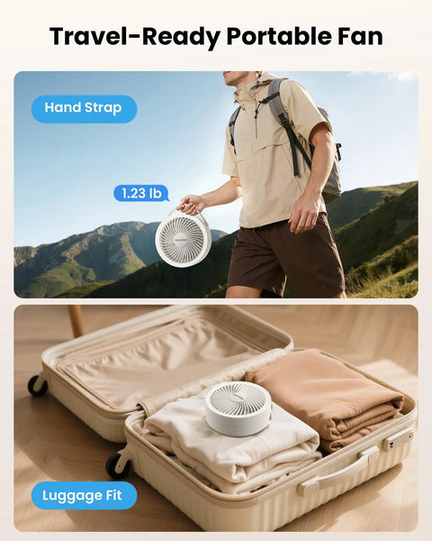 Foldable Desk Fan With LED Night Light 6.8 Inch Wireless Portable Fan shown hand-held and fitting in suitcase with luggage