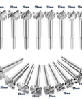 Heavy Duty Self Centering Hole Saw Kit With Tungsten Carbide Cutting Teeth And Tough Carbon Steel Arbor For Easy Woodworking Projects Spanning 38 To 100 Millimeters Comes With A No Sweat Fifteen Piece Selection showing various saw sizes from 15mm to 40mm.