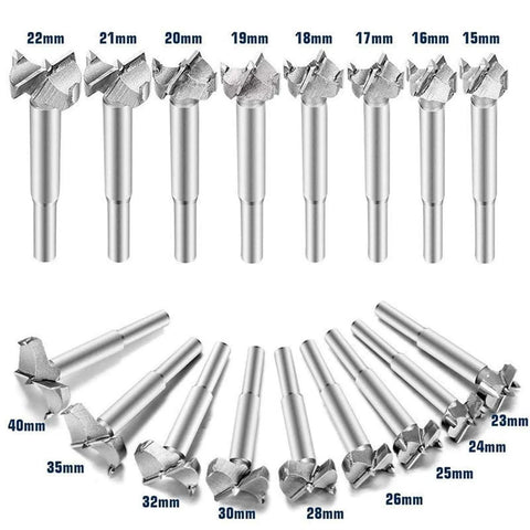 Heavy Duty Self Centering Hole Saw Kit With Tungsten Carbide Cutting Teeth And Tough Carbon Steel Arbor For Easy Woodworking Projects Spanning 38 To 100 Millimeters Comes With A No Sweat Fifteen Piece Selection showing various saw sizes from 15mm to 40mm.