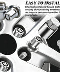 Beefy Anti Theft Wheel Lock Lug Nuts, M12 X 1.5 Chrome Plated Security Fasteners With Custom Cut Key, with a detailed view of installation.