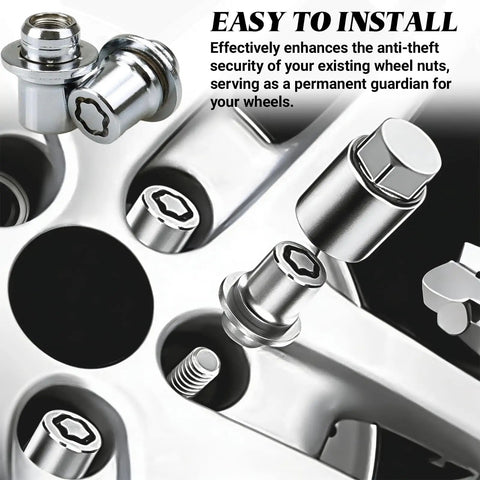 Beefy Anti Theft Wheel Lock Lug Nuts, M12 X 1.5 Chrome Plated Security Fasteners With Custom Cut Key, with a detailed view of installation.