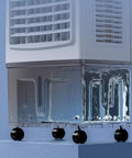 Portable Ice Cooling Evaporative Air Cooler With Three Speed Settings Kills The Humidity And Keeps You Cool As A Cucumber showing 30L water tank and wheels.