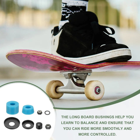 Premium Skateboard Bushings And Truck Rebuild Kit With Hella Tough Washers And Pivot Cups Set In Durable Polyurethane Black, close-up of skateboard.