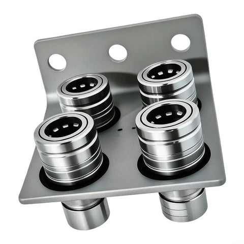 Heavy Duty Hydraulic Quick Coupler For Tractors And Crop Sprayers Rated At 3600 Psi Featuring Fast Push Pull Action That Works With Gloves On Cutting Down Downtime Big Time So You Can Finish Your Field Work Without Frustration Or Delays Today. four galvanized hydraulic quick couplers on mounting plate