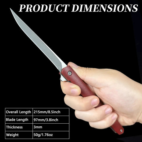 Folding Knife With 3.8 Inch Curved Clip Point Blade For Grab And Go Everyday Carry, High Carbon Stainless Steel, Ball Bearing Pivot, Slim 0.58 Inch Thick, Lightweight 1.76 Oz, Leather Sheath, Gentleman's EDC For Daily Tasks And Food Prep held open with dimensions shown