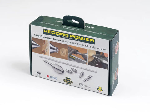 Box packaging of Coronet Falcon Live Center Kit 2MT Morse Taper with beefy heavy-duty interchangeable tips for woodturning.