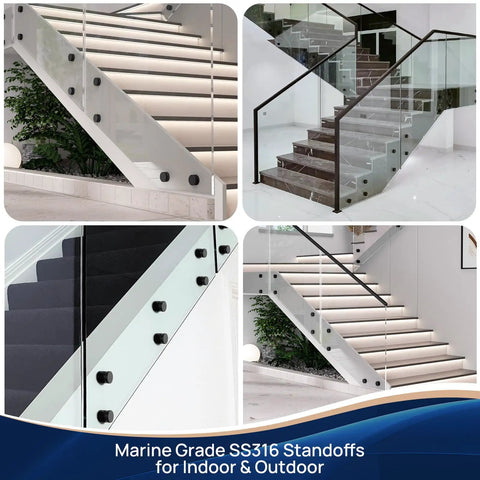 Marine Grade 316 Stainless Steel Glass Railing Standoff Set, 12 Pack Tough As Nails Heavy Duty Brackets Each Weighing 1.32 Lb For Balcony, Deck, And Stair Balustrade, Matte Black Finish, Solid Glass Support