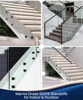 Heavy Duty Glass Railing Standoff Set, Solid Marine Grade 316 Stainless Steel used on indoor stair balustrades, Matte Black, 10 Pack.