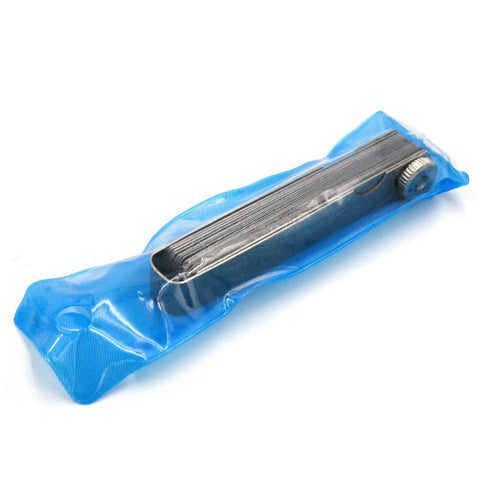 Front view: stainless steel feeler gauge set, 32 blades, blue blister packaging; measures gap width and thickness