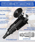 Pneumatic chamfering tool in black with tungsten cutter head, depth adjust, 5-speed air intake, 1/4-inch air inlet.