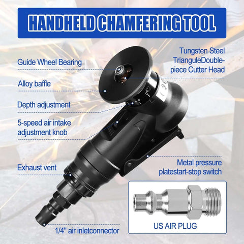 Pneumatic chamfering tool in black with tungsten cutter head, depth adjust, 5-speed air intake, 1/4-inch air inlet.