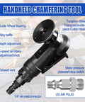 Handheld Pneumatic Chamfering Tool With Adjustable Angle For 45 Degree Arc Corner Deburring On Metal And Wood Light Portable Grinder Machine With Replaceable R And C Angle Blades showcasing adjustable depth and speed settings.