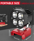 Cordless LED Work Light 40W 6000 Lumens 6500K, portable design, dimensions labeled, on red base, Milwaukee 18V compatible.