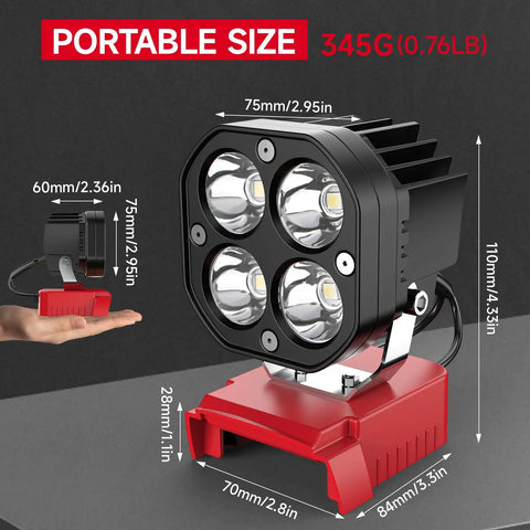 Cordless LED Work Light 40W 6000 Lumens 6500K, portable design, dimensions labeled, on red base, Milwaukee 18V compatible.