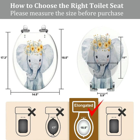 Elongated Toilet Seat for Bathroom with elephant design, measures 18.5" x 14.5" for compatibility.